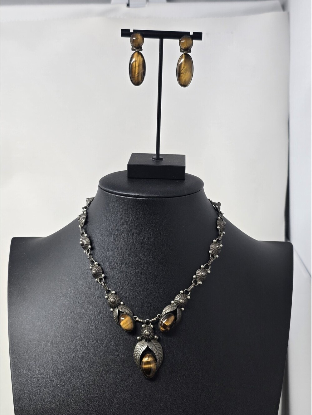 Vintage Sterling Silver Tiger Eye Necklace Earrings Set 38g